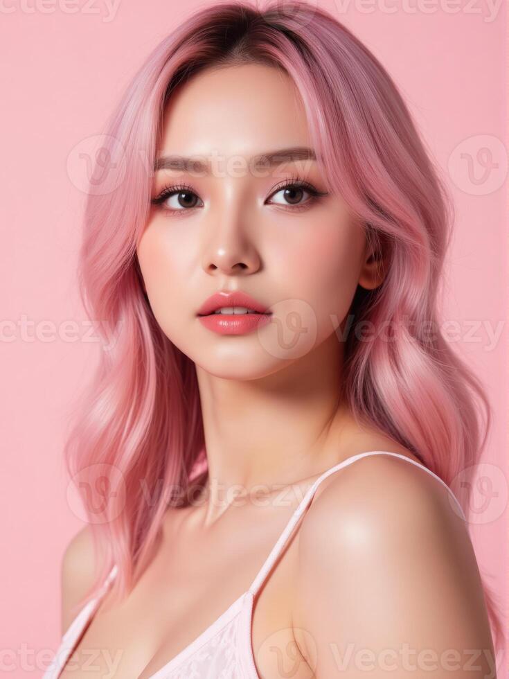 Beautiful asian woman with pink hair photo