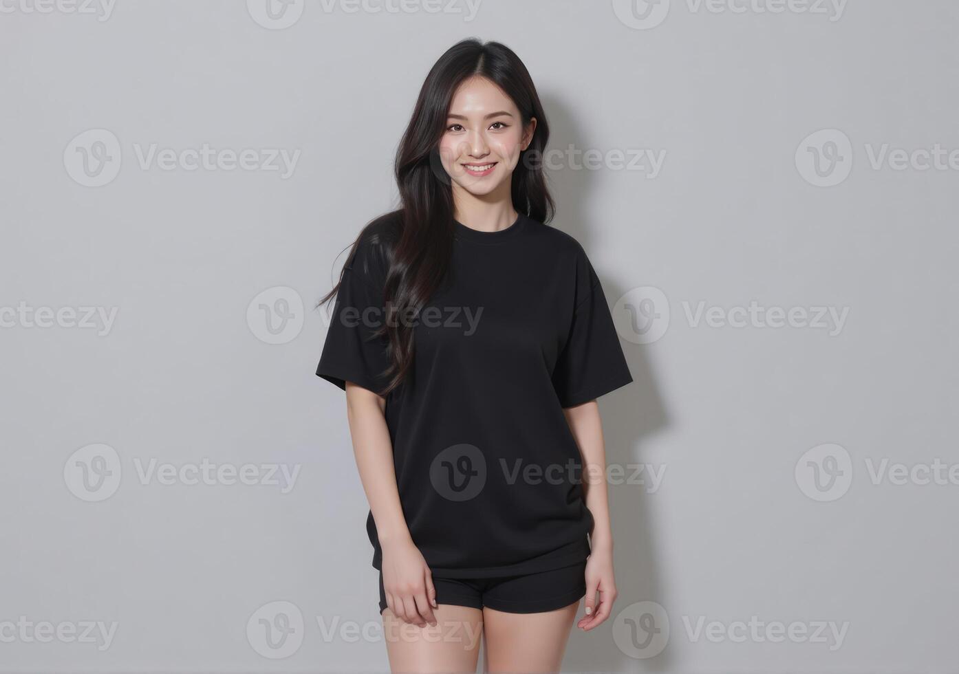 A woman in black t - shirt and shorts posing for the camera photo