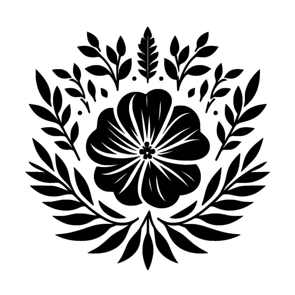 Stylized, symmetrical black and white floral featuring a central bloom and surrounding leaves branches. vector