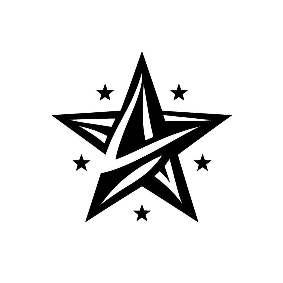 Bold black and white star emblem, surrounded by smaller stars, with a modern, stylized on a clean white background. vector