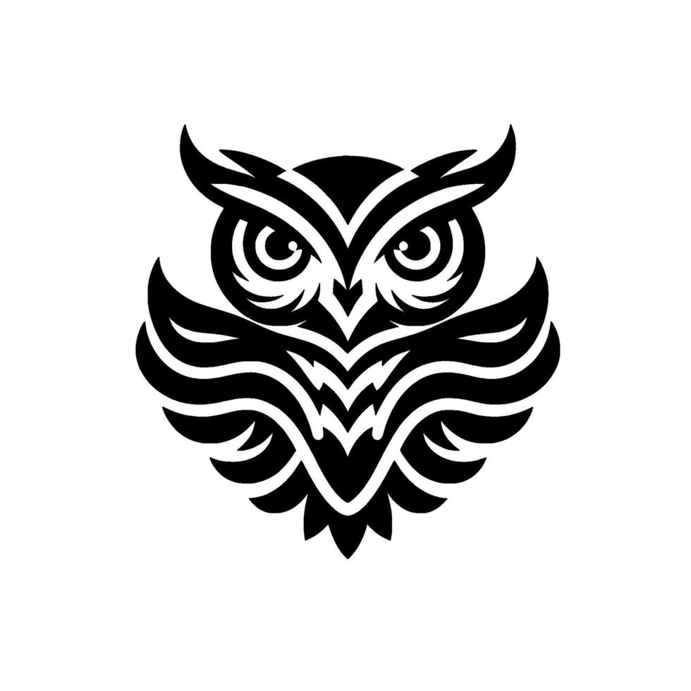 Bold Black and White Owl Illustration with Intricate TribalInspired Feather Detailing, Set Against a Clean White Background vector