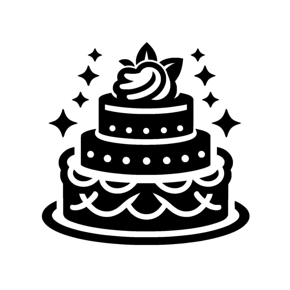 Threetiered black cake with stylized floral frosting and sparkling star accents, on a white background. vector