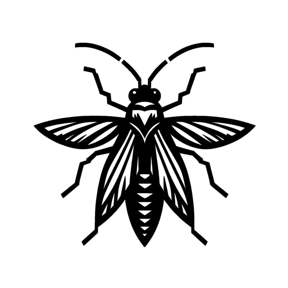 Stylized Black and White Insect Illustration Featuring Detailed Wings and Angular Body, Set Against a Minimalist Background. vector