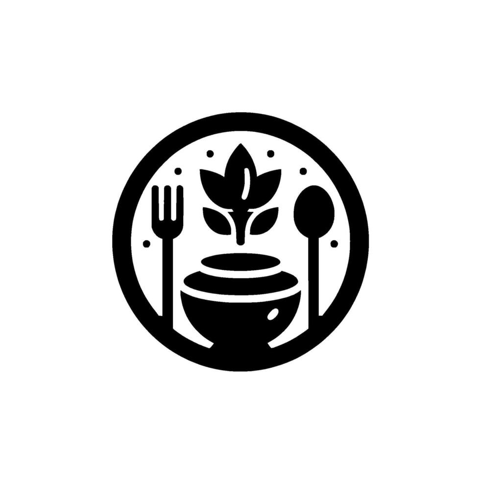 Monochromatic circular featuring a stylized bowl with plant life, cutlery, and dots, symbolizing health and natural food. vector