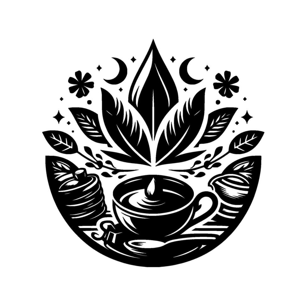 Serene Black and White Circular A Lit Candle in a Teacup Centerpiece, Surrounded by Leaves, Flowers, Moons, and Stars. vector