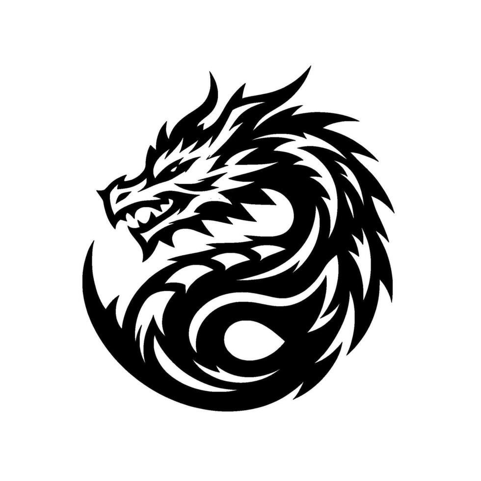 Black and white stylized dragon emblem, curled, featuring sharp details, claws and fangs, against a pristine white background. vector