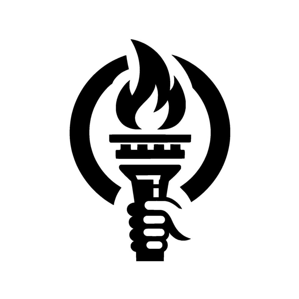 Black and White Emblem A Stylized Hand Holding a Flaming Torch within a Circular Frame, Representing Power and Symbolism. vector