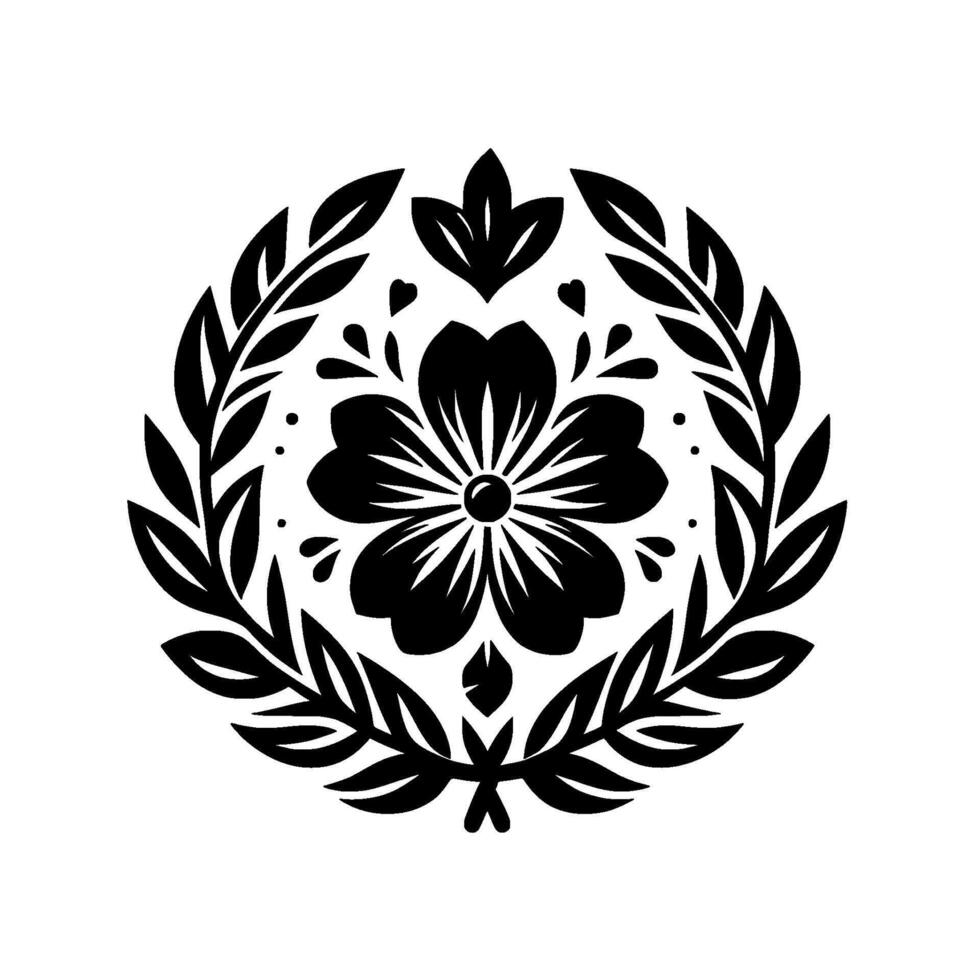 Intricate Black Floral Mandala with Leafy Wreath , Symmetric Silhouette, and Delicate Details on White Background. vector