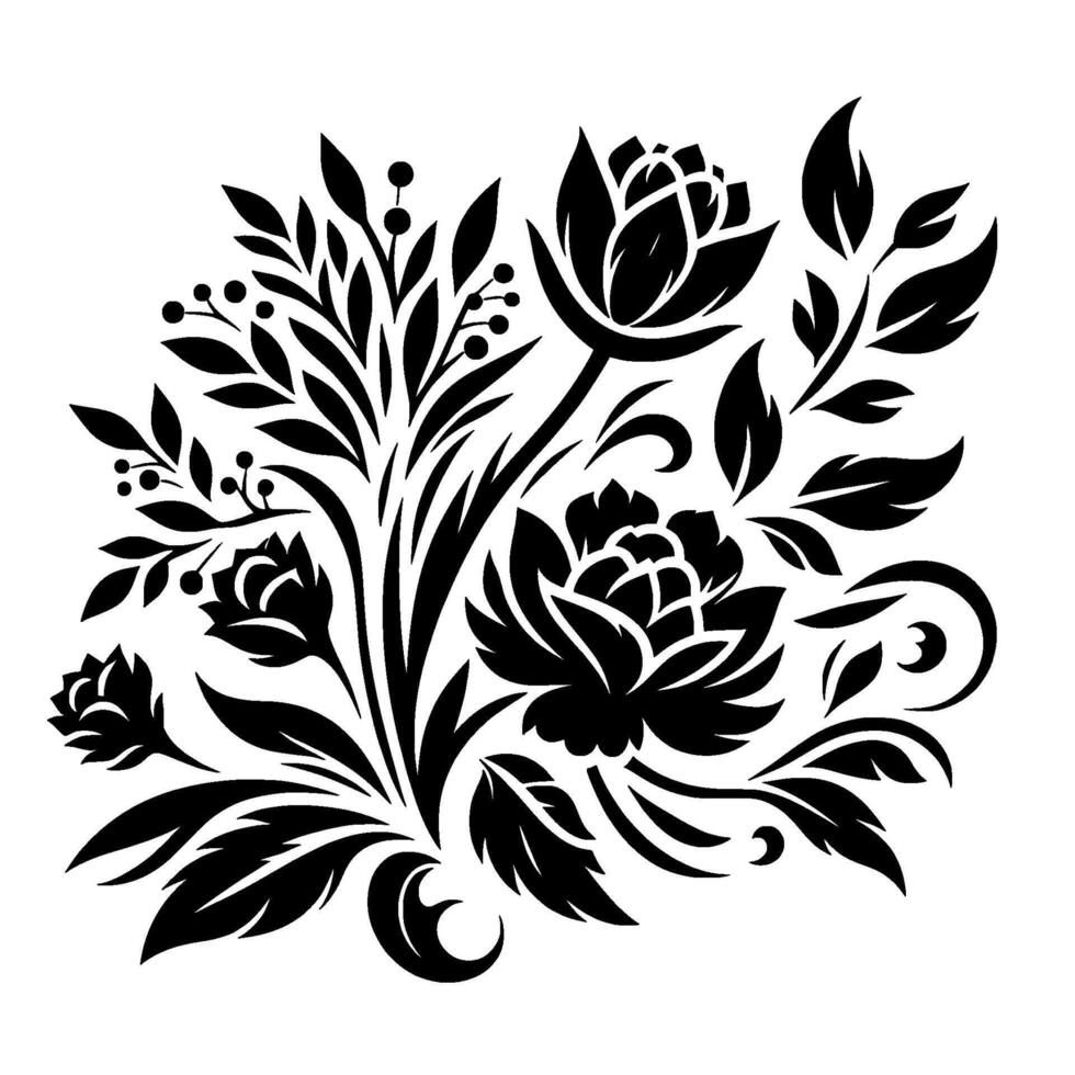 Elegant Black and White Floral with Roses, Leaves, Berries, and Curvilinear Details on White Background. vector