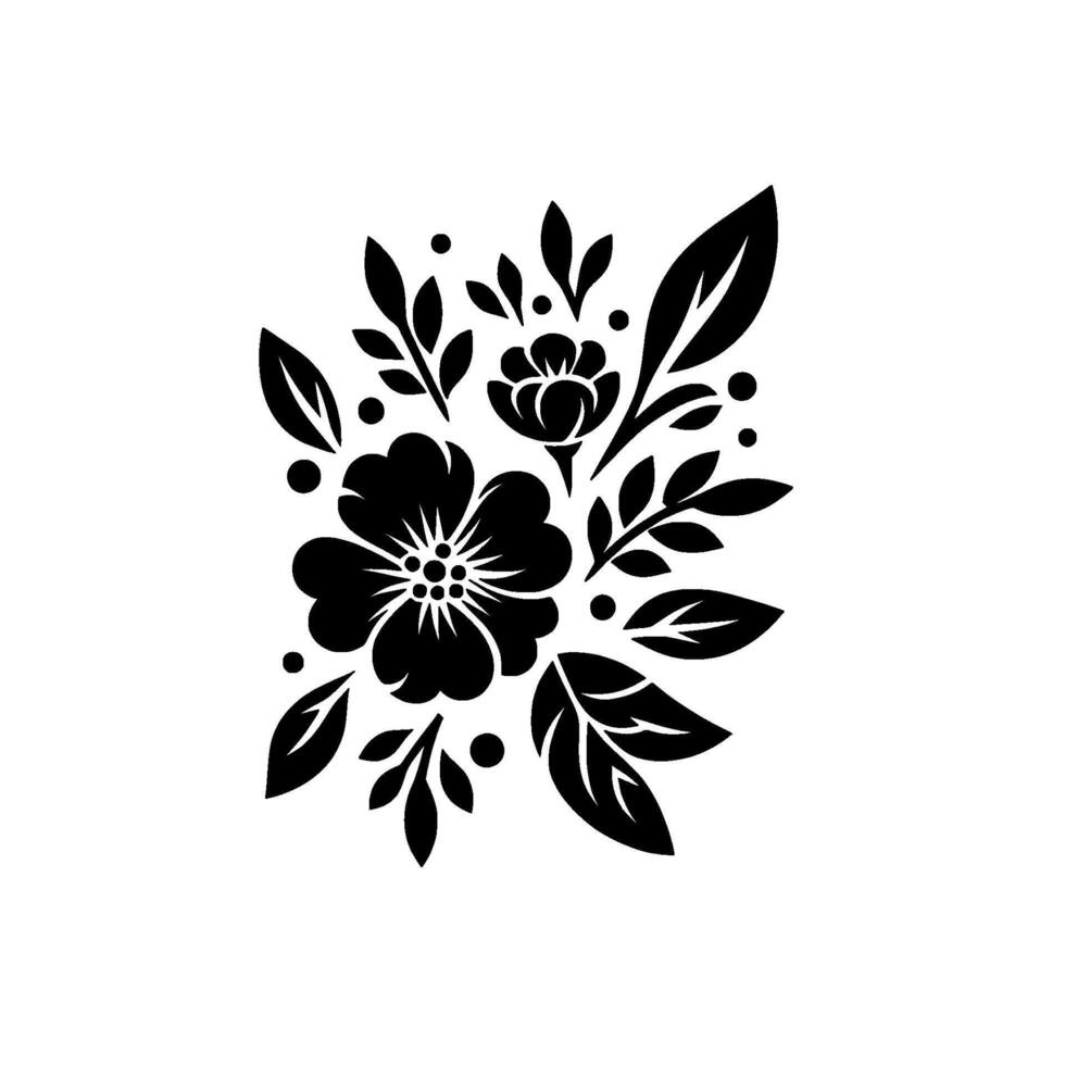 Intricate Black Floral Arrangement on White Backdrop Detailed Illustration of Blossoms, Leaves, and Buds, Forming a Decorative Silhouette. vector