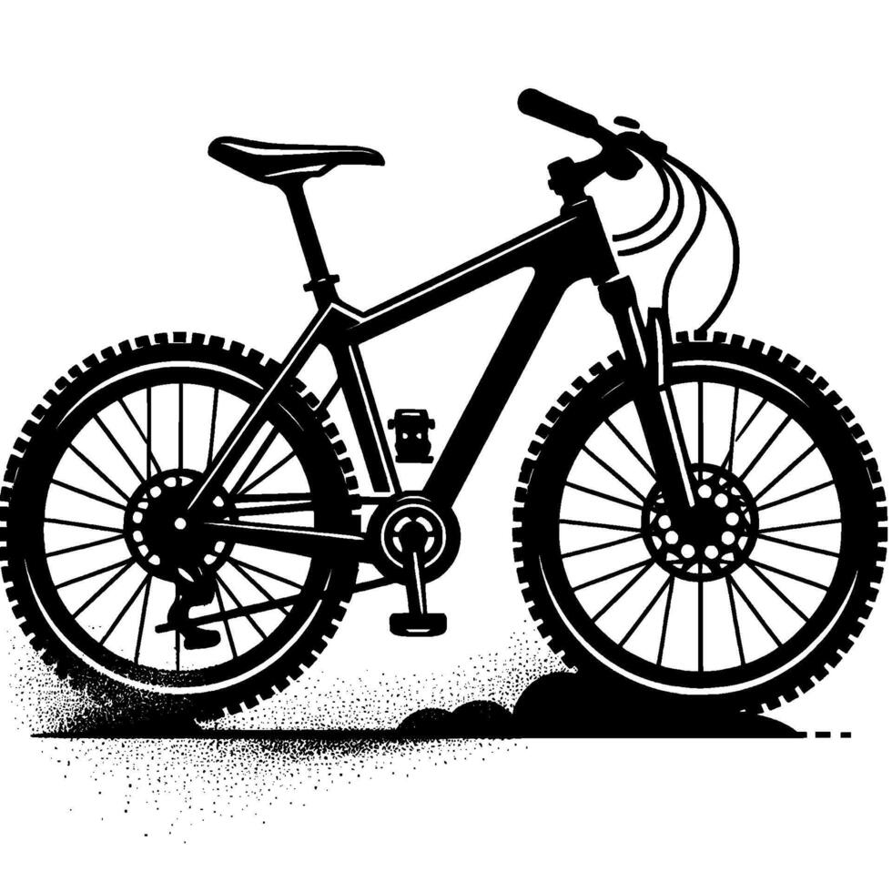 Black and white silhouette of a mountain bike, set against a clean white background, conveying speed and adventure. vector