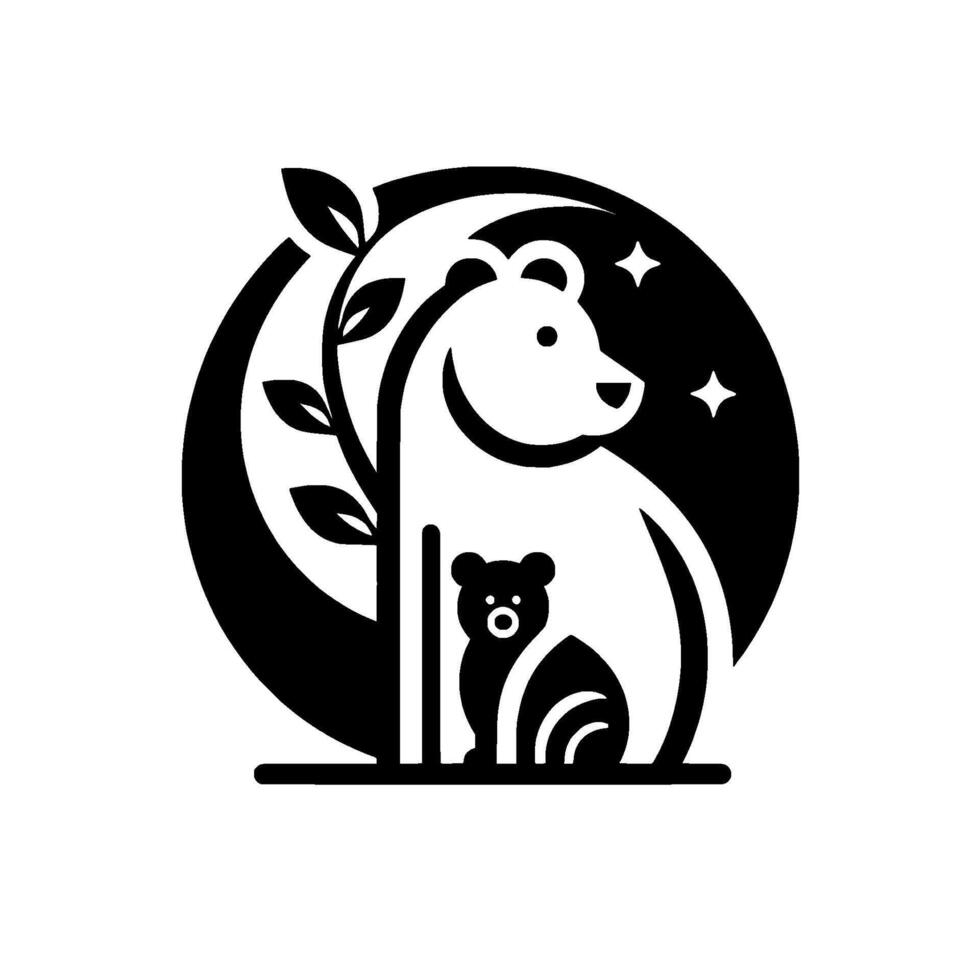 A Stylized Mother Bear and Cub Embrace Beneath a Crescent Moon and Stars, Evoking Warmth and Protection. vector