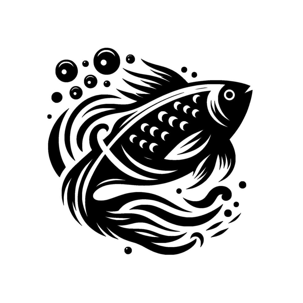 Stylized black and white fish , surrounded by bubbles and water swirls, conveying fluidity and aquatic movement. vector
