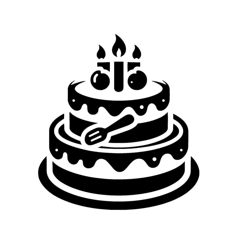 Twotiered birthday cake silhouette with candles, cherries, and a fork, set against a white background, evoking celebration. vector