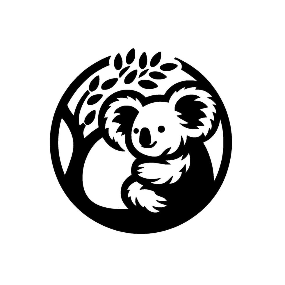 Stylized Black and White Koala Silhouette in a Circle, Cradled by Branches, Smiling, Simple , Animal Illustration, Isolated. vector
