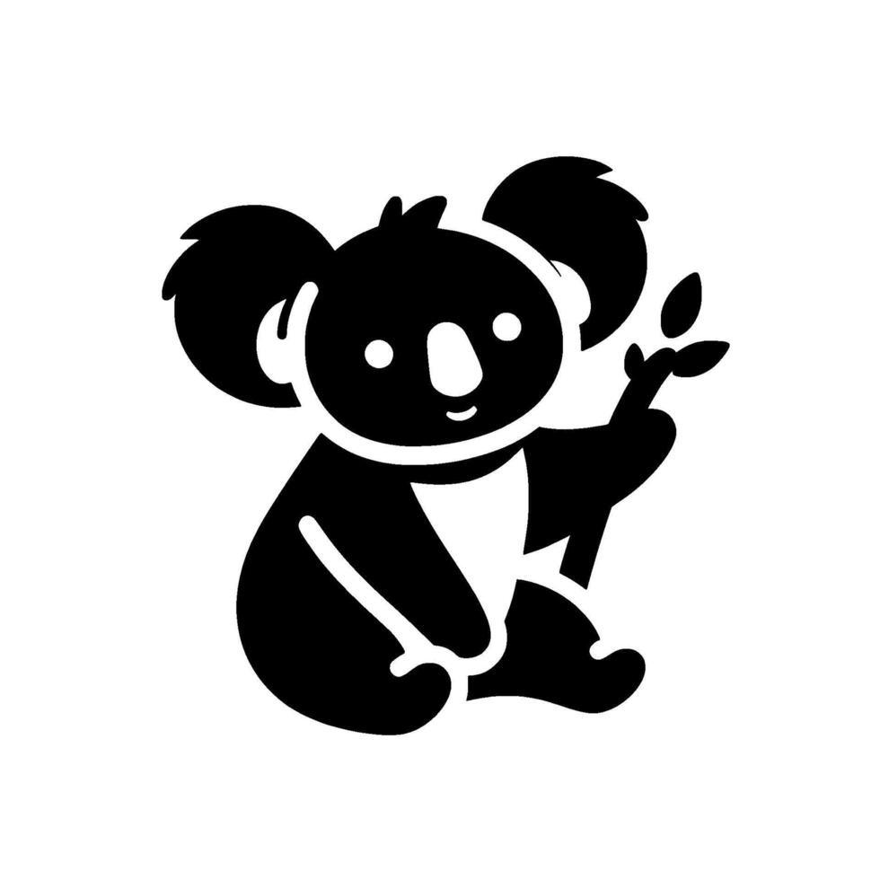 A stylized black and white illustration of a seated koala bear grasping a branch with leaves. vector