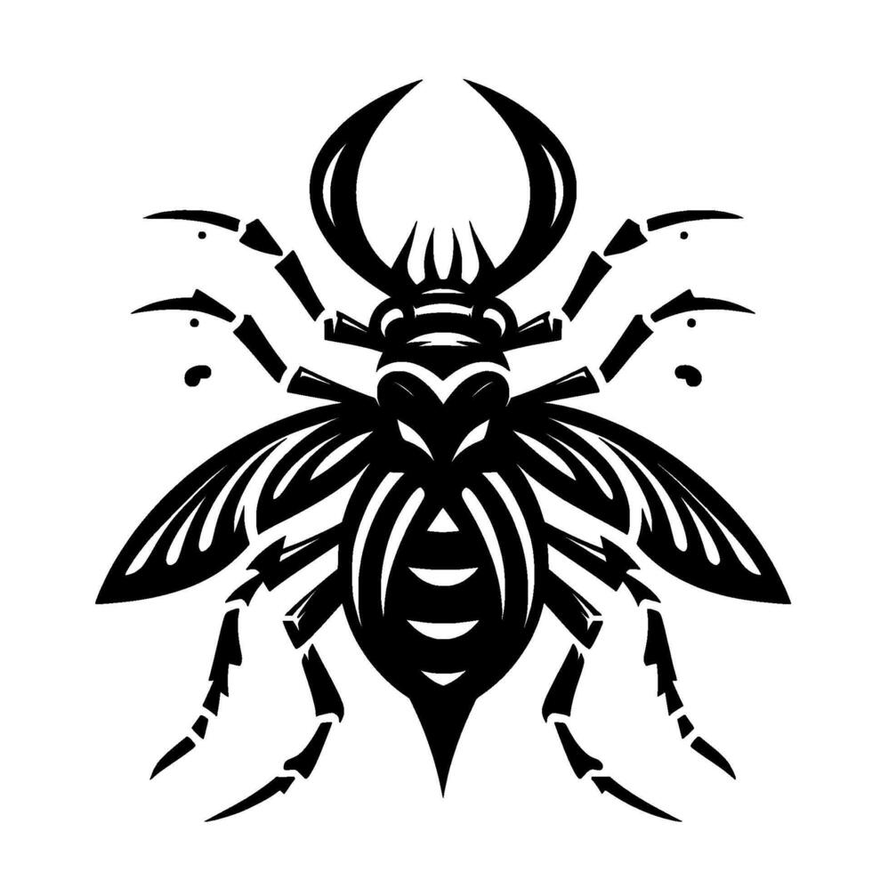Stylized black and white illustration of a horned beetle, symmetrical on white background. vector