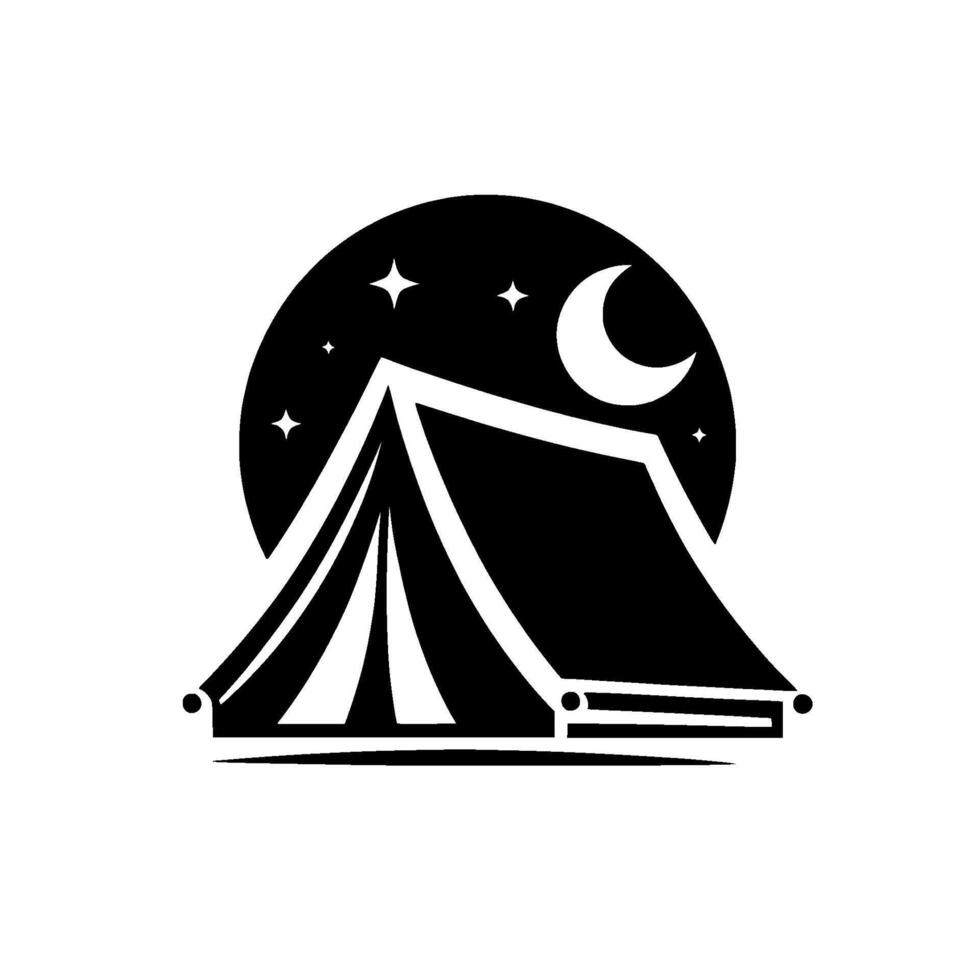 Minimalist Monochrome Illustration of a Camping Tent Under a Crescent Moon and Stars in a Night Sky Circle. vector