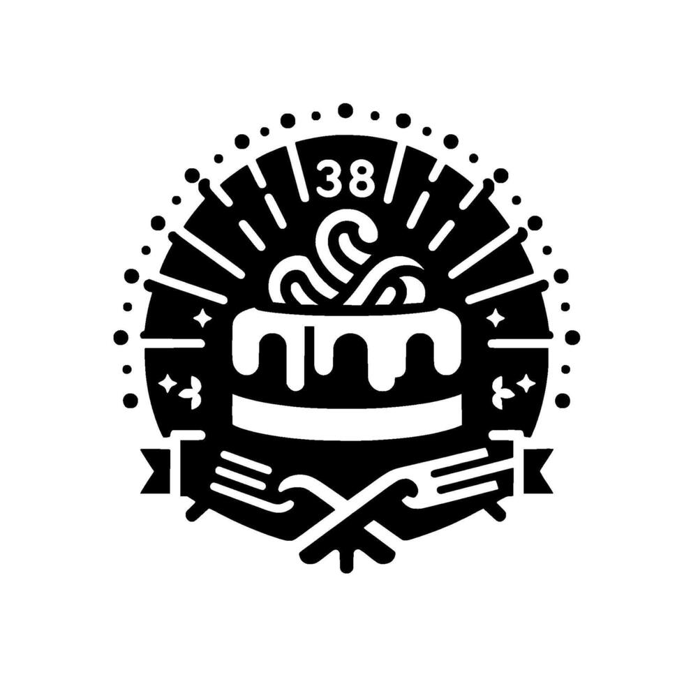 Stylized black and white illustration of a th birthday cake with swirl frosting, surrounded by a circle of radiating lines, dots, stars, and crossed utensils, and banner. vector