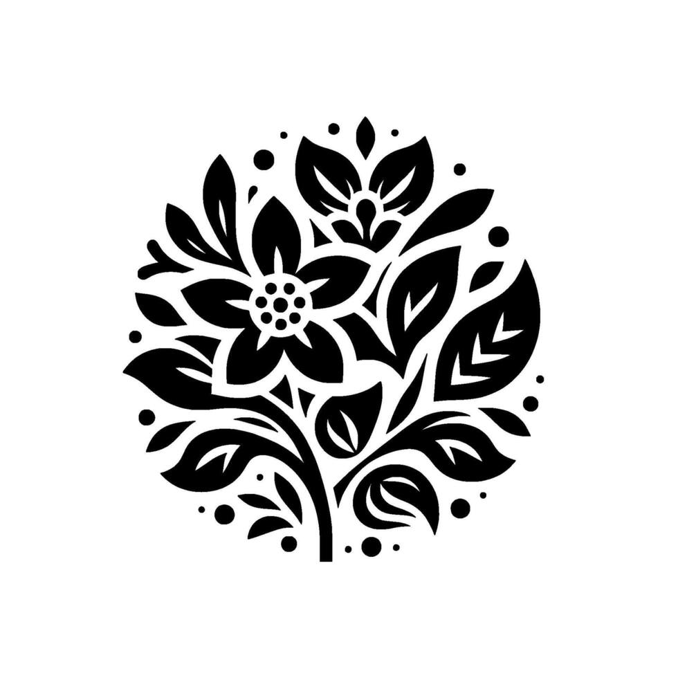 Elegant black and white floral circular , featuring stylized flowers, leaves, and dots on a crisp white background. vector