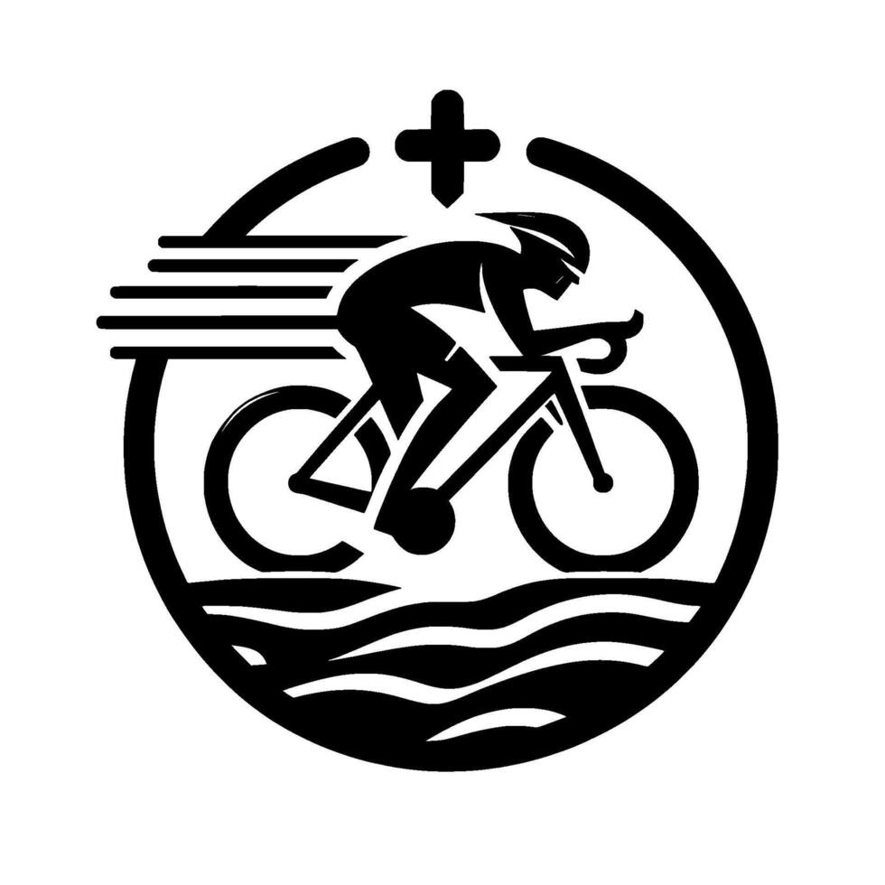 illustration of a cyclist riding a road bike, inside a black circle , with a cross on top and water underneath. vector