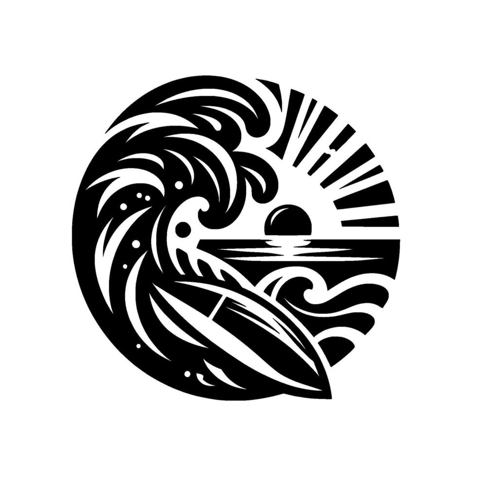 illustration of a stylized black and white sunset over ocean waves with surfboard, a circular . vector