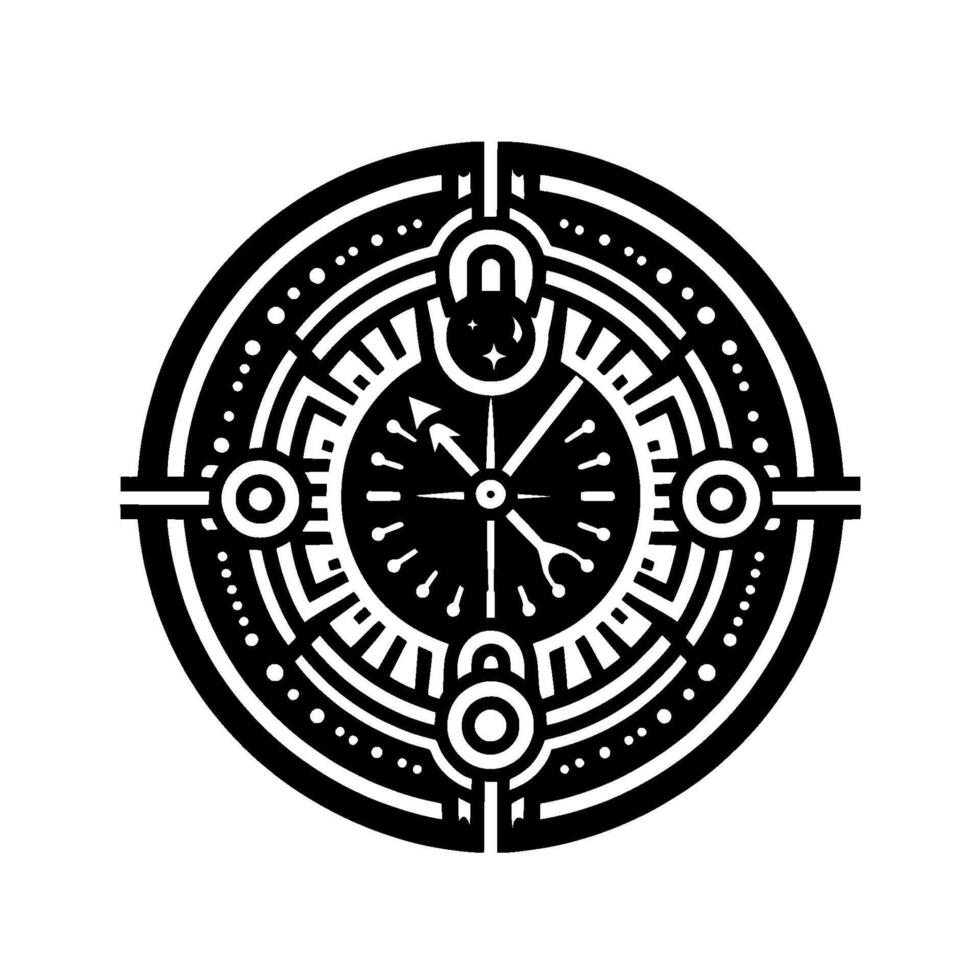 Intricate Black and White Geometric Compass with Star Details, Radial Pattern, and Ornate Elements. vector