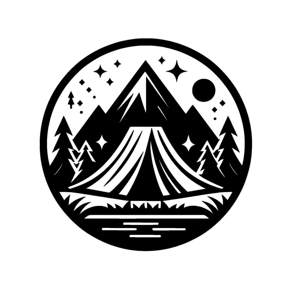 Circular Black and White Illustration Depicting a Mountainous Campsite Scene with a Tent, Trees, Lake, Stars, and Moon Under a Night Sky. vector