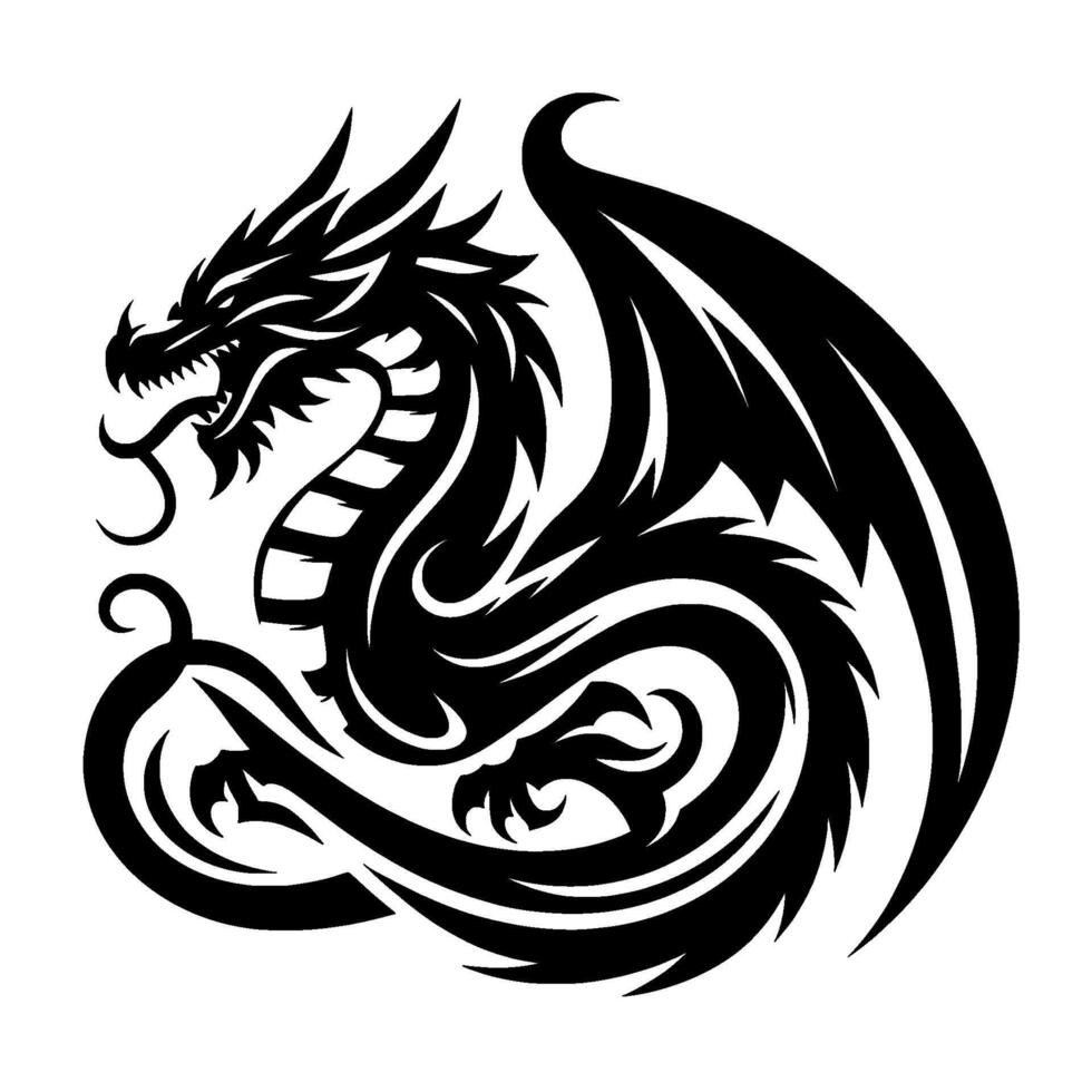 Bold Black Dragon Silhouette with Spiked Head, Wings, and Coiled Tail on a White Background, Perfect for Tattoo Designs or Use. vector
