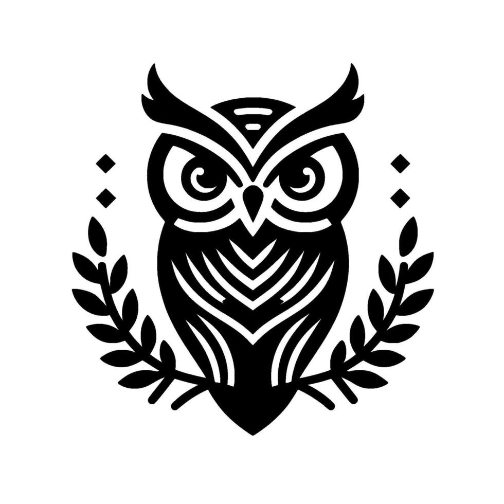 A stylized, symmetrical black and white illustration of a majestic owl, encircled by laurel leaves, with simple geometric accents, evoking wisdom and elegance. vector