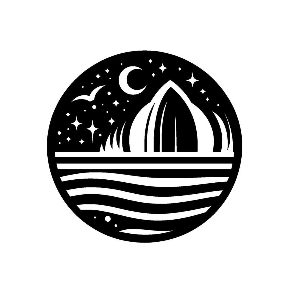 Minimalist circle illustration of mountain silhouette at sea under a starry night sky with a crescent moon and birds. vector
