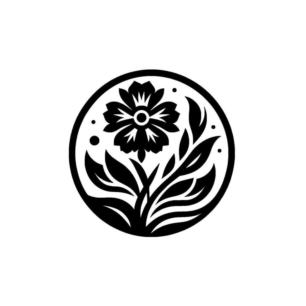 Monochrome floral , set in a circle, featuring a stylized flower and leaves, minimalist botanical illustration. vector
