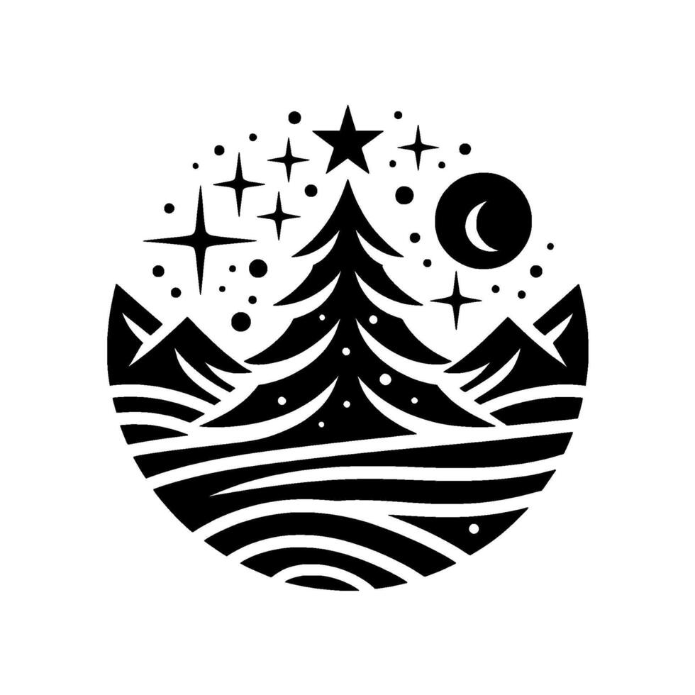 Black and white circular minimalist featuring a silhouetted pine tree amidst mountains and a night sky with stars and a crescent moon. vector
