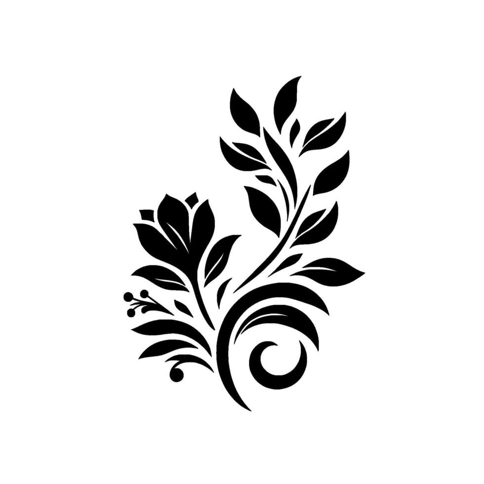 Elegant Black Floral Crest with a Detailed Flower, Leaves, and Curving Vines, Set Against a Pristine White Background vector