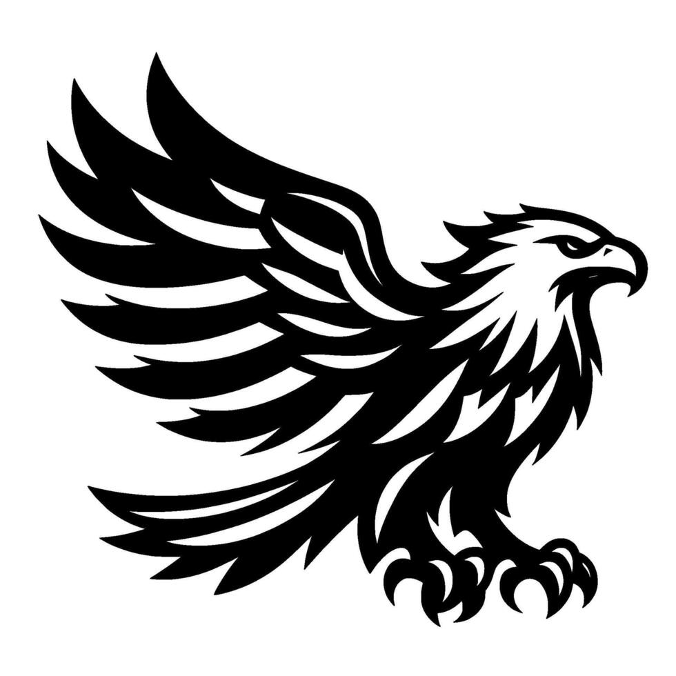 Bold Black and White Eagle in Profile, Wing Extended, Powerful Presence on White Background. vector