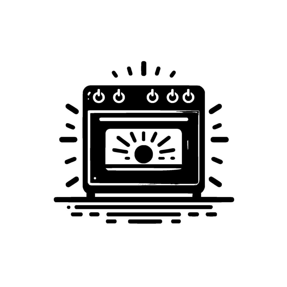 Black and white illustration of a retro oven, radiating heat, with glowing internal elements and control knobs. vector
