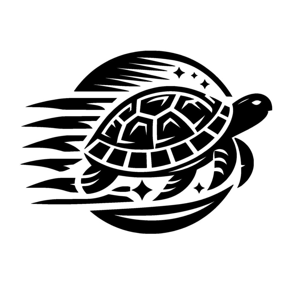 A stylized black and white sea turtle , featuring a patterned shell and star elements, conveying a sense of motion and coastal imagery, perfect for or tattoo inspiration. vector