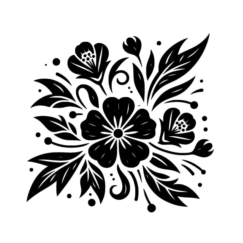 Elegant Black Floral Silhouette A Stylized Bouquet Composed of Flowers, Leaves, and Ornate Details on a White Background. vector