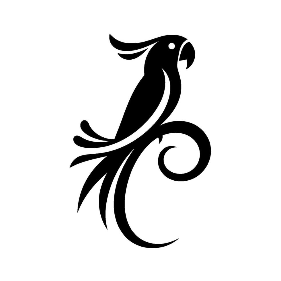 Sleek Silhouette of a Cockatoo Perched Gracefully on a Swirling Branch, Black and White Minimalist Art, Clean Lines. vector