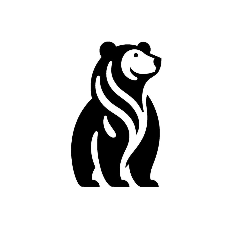 Stylized Black Bear with White Accents Smiling, Sitting, and Focused on the Right, on a Clean White Background. vector