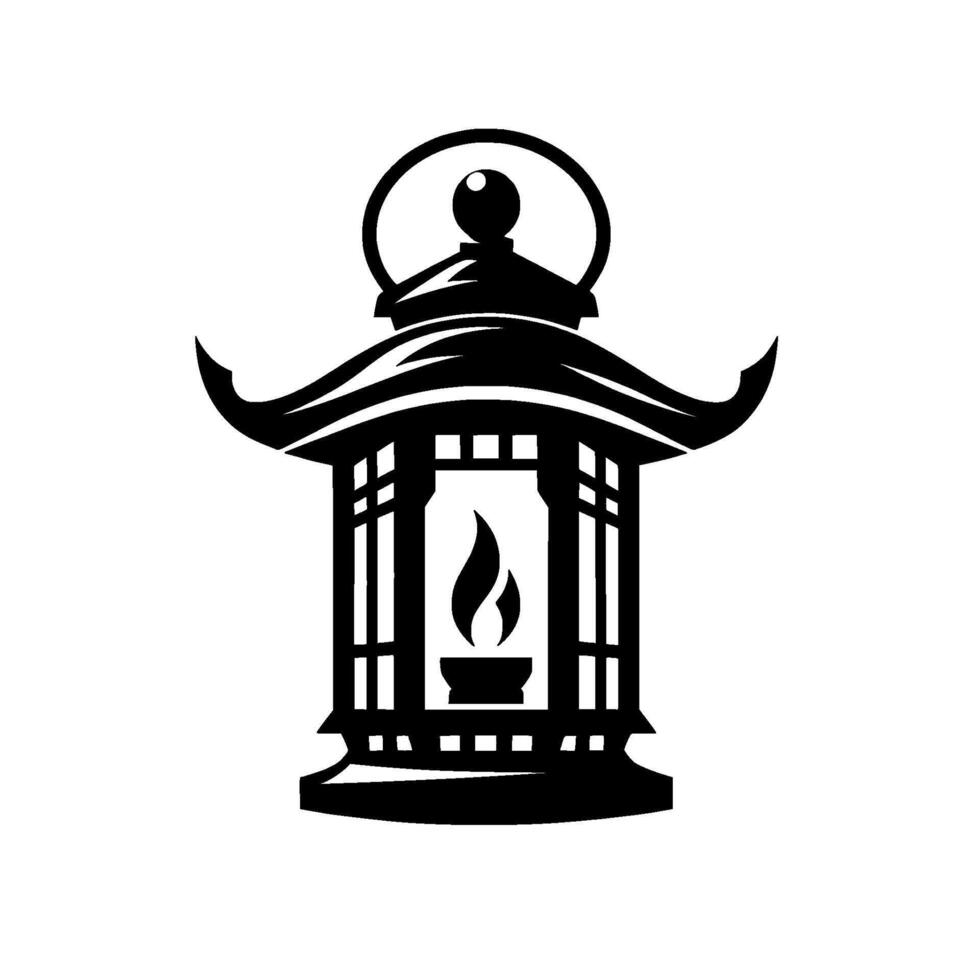 Intricate black and white Japanese lantern , featuring a stylized flame, architectural details, and traditional pagoda elements. vector