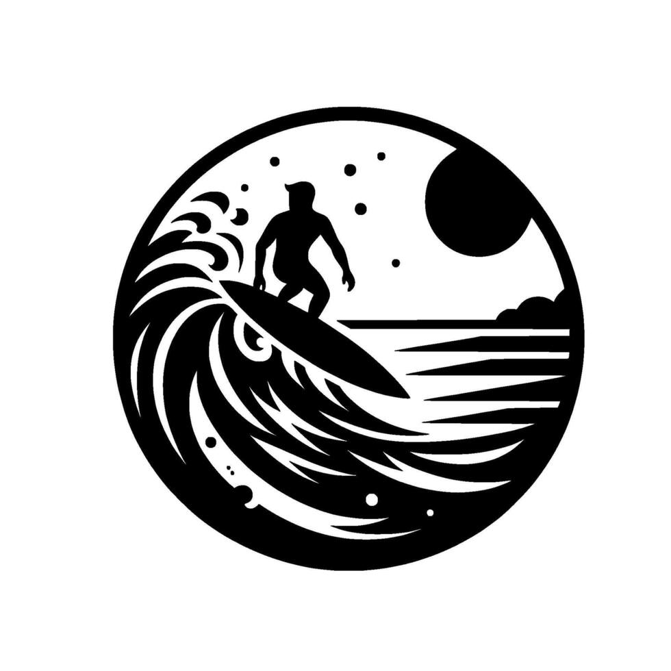 Black and White Silhouette Surfer Carving Through a Wave Inside a Circular Frame, with Sun and Ocean Details vector