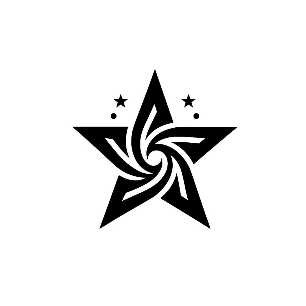 Intricate, black and white star with swirling vortex center and two smaller star accents on a clean white background. vector