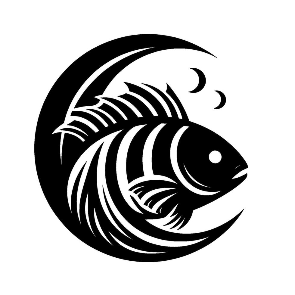 Stylized Black White Fish in Circle with Bubbles, Minimalist, Decorative on White. vector
