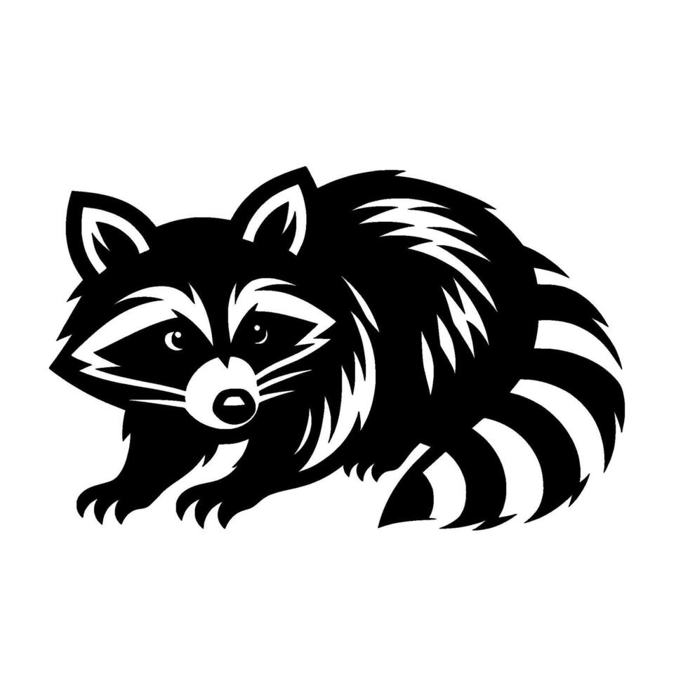 A bold, minimalist illustration of a raccoon in grayscale, with a striking black and white contrast and distinct striped tail, set against a plain white background. vector
