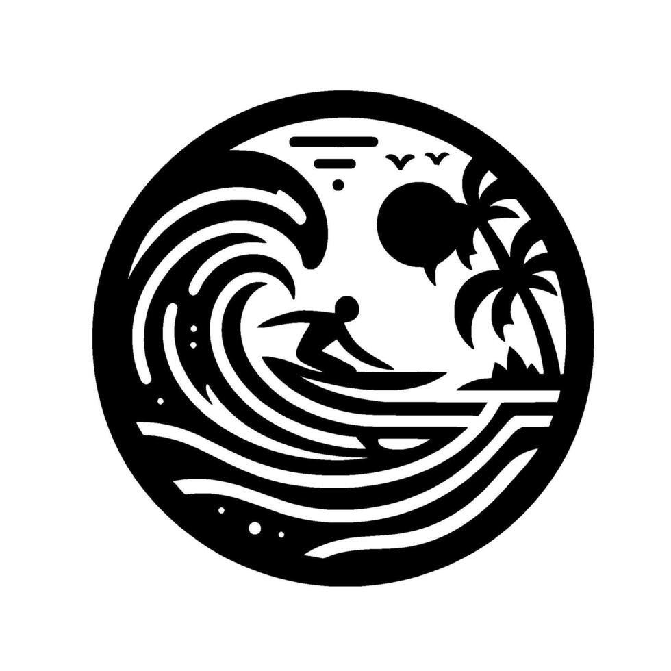 Circular Black and White Illustration of a Surfer Riding a Wave Near a Palm Treelined Island, with Birds. vector