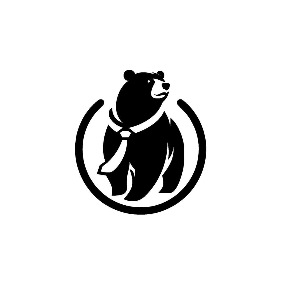 A stylized black bear with a formal tie and a circular framing element, embodying business acumen and a friendly presence against a white backdrop. vector
