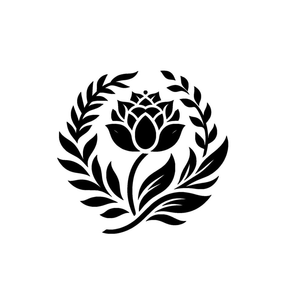 Elegant Black Floral Emblem Lotus Blossom Surrounded by Laurel Wreath on a Pristine White Background, Illustration. vector