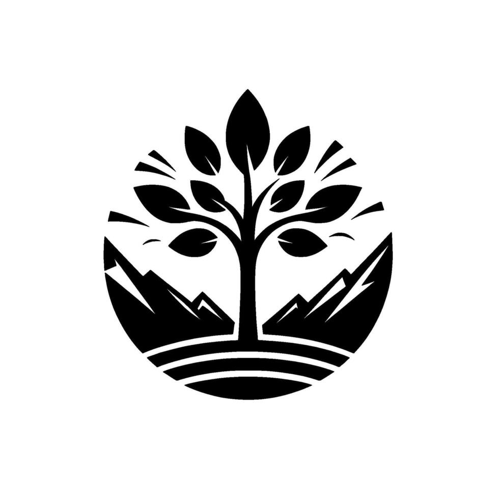 Minimalist black and white of a tree between mountains, inside a circle, evoking nature, growth, and landscape harmony. vector