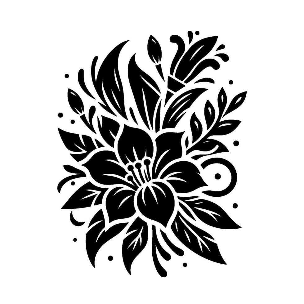 Bold Black Floral Illustration A Detailed, Symmetrical of Petals, Leaves, and Buds on White Background. vector